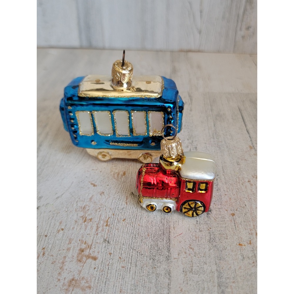 Poland train caboose front cart set vintage glass ornament Xmas glitter